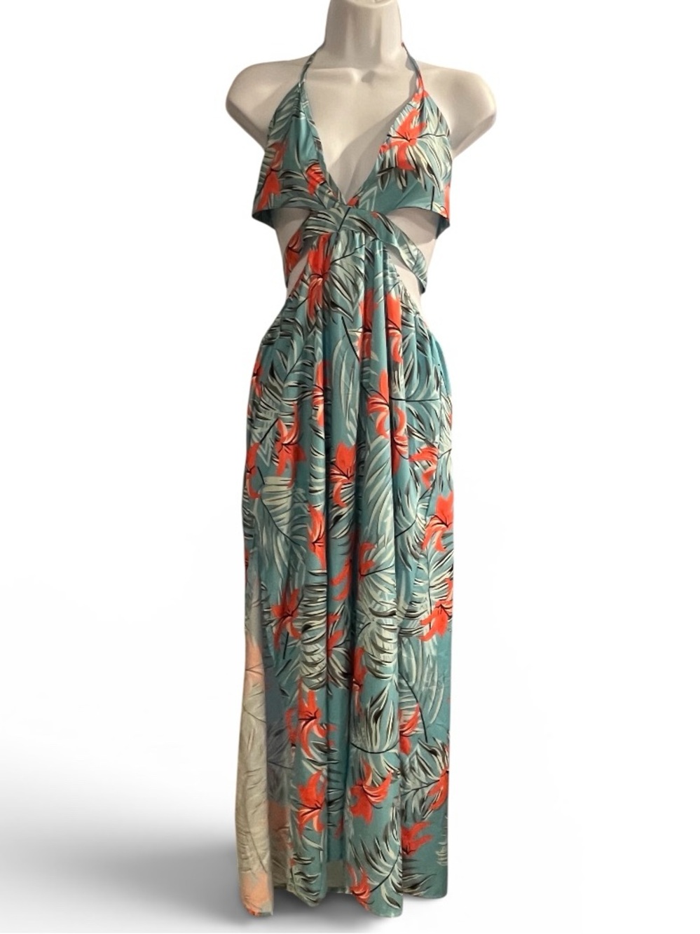 Tropical Halter Maxi Dress in Teal and Coral Sz L